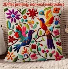 ２D 鳥と花のデザイン　片面プリント　刺繍風　クッションカバー５５　インテリア