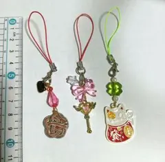 ハンドメイドストラップセット　水引、リボン、魔法の鍵、招き猫