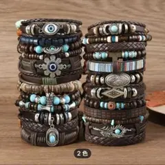 レザー調とターコイズビーズのブレスレットセット