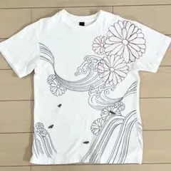 和柄 菊と波の 蜂の刺繍 メンズ Tシャツ 白 ホワイト