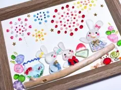 花火にうっとり　うさぎの三姉妹　シーグラスアート　置き物