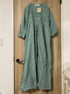 新品★niko and★コットンレース切替前開きワンピース★グリーン★Lサイズ