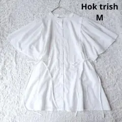 【Hok trish】半袖ブラウス　サイドリボン　チュニック フレア袖 白　М