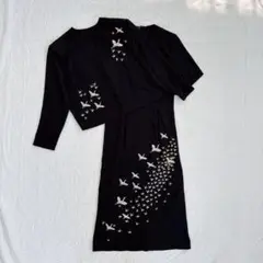【美品】1点もの 鶴刺繍 ワンピース ジャケットセット 大きいサイズ 黒 着物
