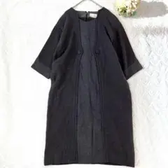 ミドリマツモト　七分袖ワンピース　コットン　重ね着風　ミモレ丈　グレー　裏地付き