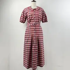美品 ピンクハウス チェック柄 半袖ロングワンピース 赤 レッド M*QA582