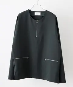 STUDIOUS ストレッチハーフジップノーカラープルオーバーシャツ グリーン