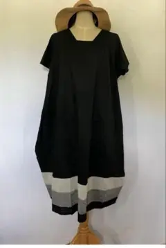 綿麻黒のストライプ裾ワンピース