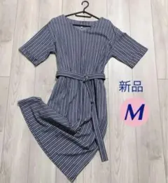 新品 ストライプ柄 半袖ワンピース ネイビー系／Mサイズ