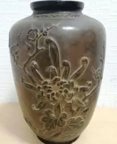 中国 清時代 瓶 梅蘭竹菊 鳥紋 銅花瓶。