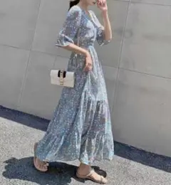 花柄ロングワンピース フレアスリーブ
