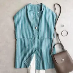 極美品▲UNTITLED//カバリングストライプ シャツブラウス▲グリーン
