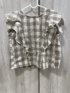 ペアマノン 110 袖フリル　ブラウス　チェック　ベージュ