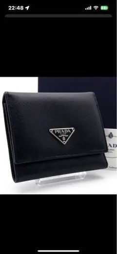 【超極美品】PRADA 三つ折り財布　三角プレート　黒　サフィアーノ