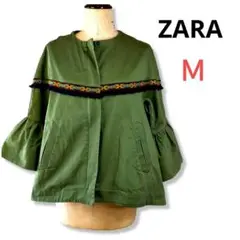 ■ZARA刺繍テープフリル袖ジャケットMカーキチロリアンネイティブアメリカン
