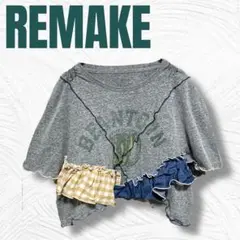【クロップド丈】リメイクTシャツ 異素材フリル メロウ グレー r0072