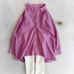 美品▲ラナン RANAN ストライプ シャツ ピンク　綿　トレンチ風