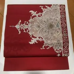 名古屋帯 赤 銀 白 青 黄緑 織柄 花
