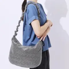 ラメ ギャザー ドロスト ショルダーバッグ シルバー グレー 大容量 調節可
