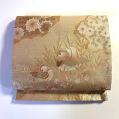 2m1882 袋帯 絹 金色 ピンク 白 青 緑 鴛鴦 花柄 和装