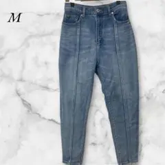 ハイウエストデニム　フロントステッチ　ストレッチ　M　ライトブルー
