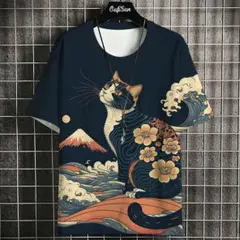 猫と富士山のグラフィックTシャツ 2XLサイズ ネイビー