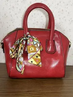 【美品】レトロバッグ　赤 ハンドバッグ スカーフ・ショルダーストラップ付き