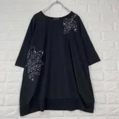 ☆h114【ルプア】M 黒　刺繍かざり 五分袖チュニック 春夏 ゆったり