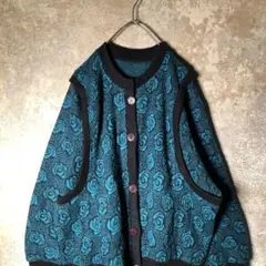 【ヴィンテージ】ターコイズブルー 花柄ニットカーディガン 古着 AS121