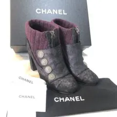 CHANEL シャネル レザー ニット ココマークボタン ショートブーツ♯37C