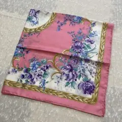 7-20.ゴールド&フラワーモチーフ　シルクスカーフ　ピンク系