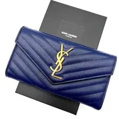 【美品】 サンローラン カサンドラ 長財布 キャビアスキン ネイビー Vステッチ