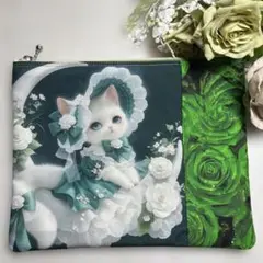 パネルポーチ　dress猫　グリーン薔薇　20c深め A