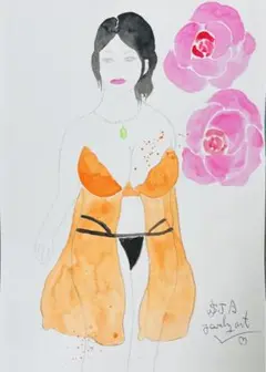 自画像ドローイング♡（淫靡な夏の果実♡）A4水彩アクリル絵画原画抽象画