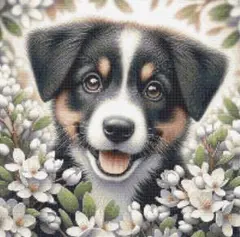 クロスステッチキット Dog in flowers