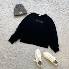 レディース　トレーナー　スエット　黒　恐竜　刺繍