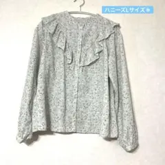 ＊フリル長袖ブラウス　Lサイズ ＊ 花柄　グリーン