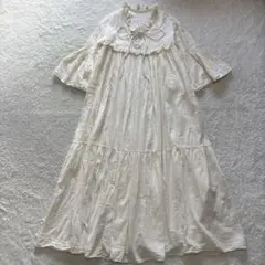 ヴィンテージ　ガーゼフリルロングドレス　オフホワイト　マキシ丈　ナイトドレス