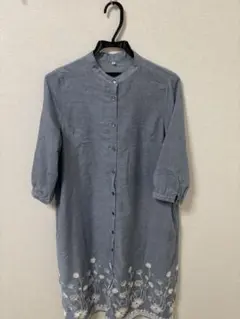 レディース　ワンピース　デニム風　七分袖　刺繍　Lサイズ　花柄