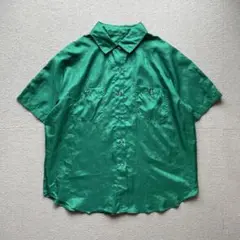 サテンシャツ　グリーン　大きめサイズ　半袖シャツ　USED古着 ヴィンテージ