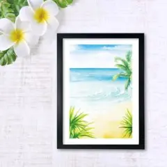ハワイの海とヤシ　水彩画風スケッチ　A4ポスター　1 枚