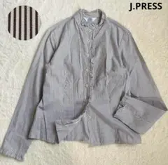 J.PRESS.フリルネックコットンシャツ ストライプ スタンドカラー　ブラウン