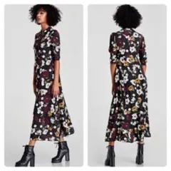 ZARA WOMAN 花柄長袖Aラインワンピース　とろみ　レーヨン XS