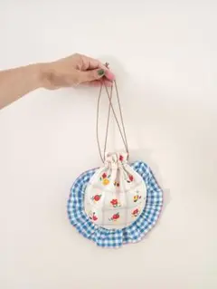 フリルのまる巾着●レトロなお花