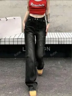 ブラックデニム ワイドレッグパンツ