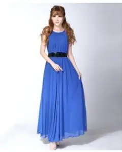 ノースリーブ ロングドレス 青 シフォン
