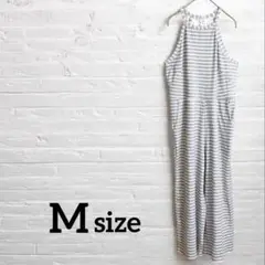 即日発送!!グレーストライプ ハイネック オールインワン【M】