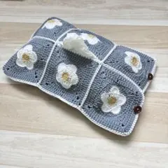 【ブルーグレー】花モチーフのティッシュボックスカバー