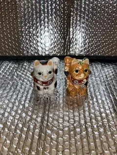 招き猫 信楽焼陶器製 置物 2体セット 白とオレンジ 招き猫 信楽焼陶器製 置物 2体セット 白とオレンジ 招き猫