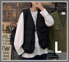 カジュアル　ベスト　メンズ　ストリート Tシャツ　黒　アウトドア　フィッシング